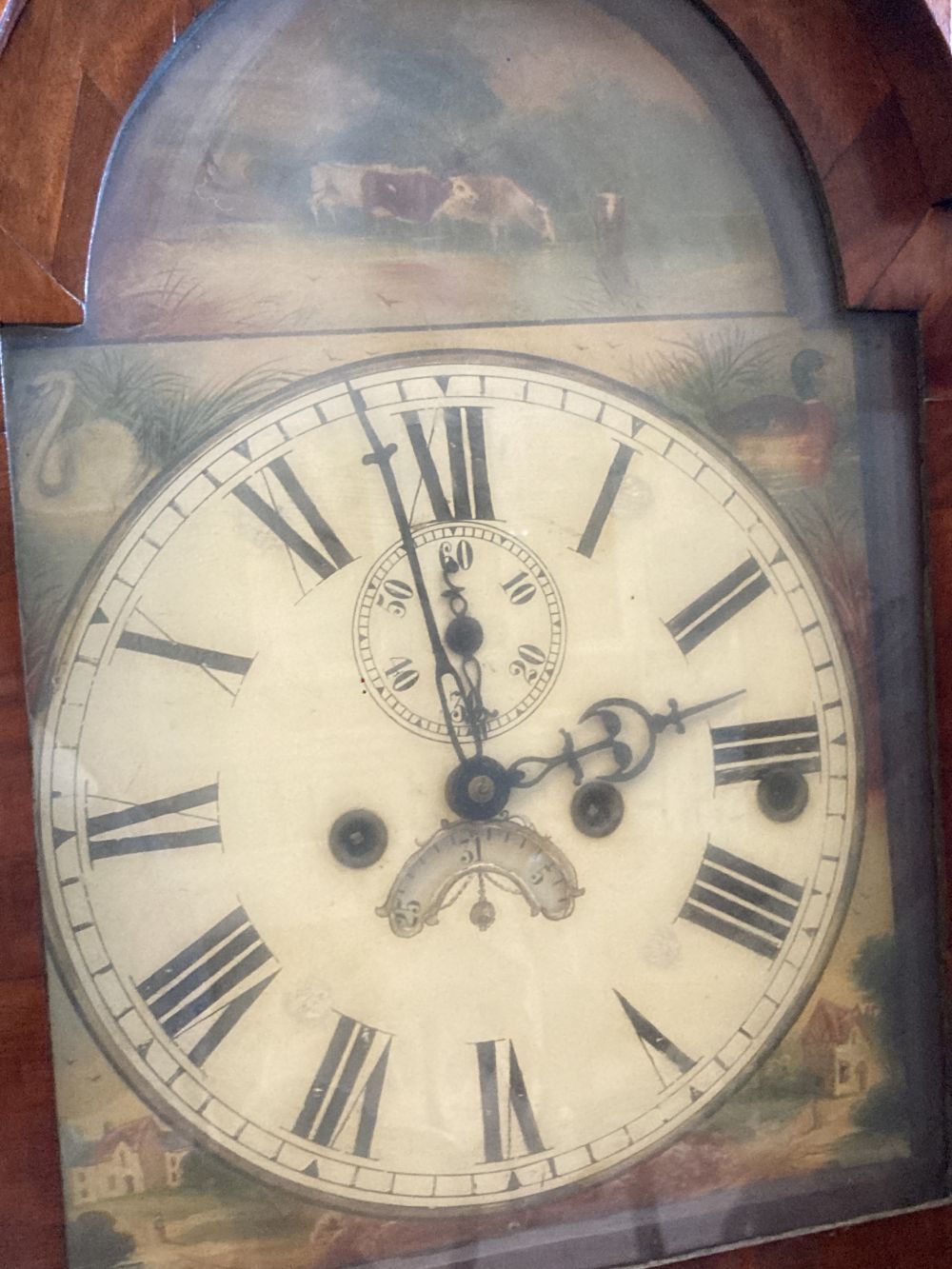 A Victorian oak eight-day longcase clock with painted Roman dial, height 222cm